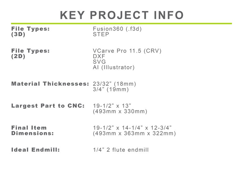 Pode incluir: Um documento que descreve as informa&ccedil;&otilde;es-chave do projeto, incluindo os tipos de arquivos, as espessuras do material e as dimens&otilde;es. O documento lista Fusion360 (.f3d) e STEP como tipos de arquivos 3D, e VCarve Pro 11.5 (CRV), DXF, SVG e Al (Illustrator) como tipos de arquivos 2D. As espessuras do material s&atilde;o listadas como 23/32" (18 mm) e 3/4" (19 mm). A parte maior para CNC &eacute; 19-1/2" x 13" (493 mm x 330 mm). As dimens&otilde;es finais do artigo s&atilde;o 19-1/2" x 14-1/4" x 12-3/4" (493 mm x 363 mm x 322 mm). A fresa ideal &eacute; de 1/4" com 2 ranhuras.