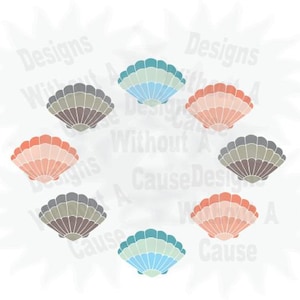 May include: Set of ten colorful seashells with a layered design. The shells are in shades of blue, green, pink, and gray.