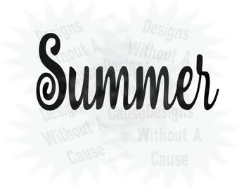 May include: Black cursive text that reads "Summer" on a white background. The word is in a stylish, flowing font, with a decorative flourish on the first letter. The background has a subtle, starburst-like design.