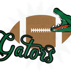 May include: Green and black stylized text that reads "Gators" with a brown and white football and a green alligator with an open mouth.