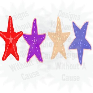 May include: Four starfish in different colors: red, purple, beige, and blue. The starfish are all facing the same direction and have a five-pointed star shape.