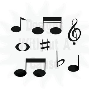Peut inclure: Notes et symboles musicaux noirs et blancs, y compris une clé de sol, un dièse, un bémol et une noire.