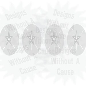 May include: Four gray circles with a white star in the center and four white lines radiating out from the center. The text "Designs Without A Cause" is repeated around the circles.