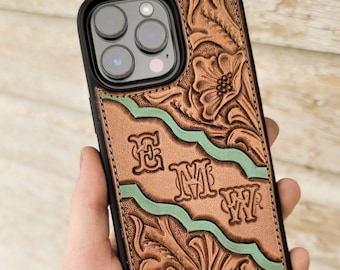 Floral Tooled Leather Western Phone Case with Initials