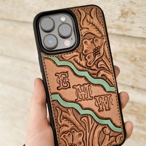 Floral Tooled Leather Western Phone Case with Initials