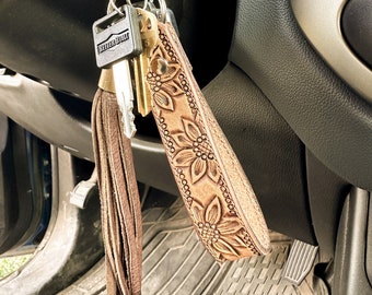 Tooled Leather Sunflower Keychain: Handmade Western Key Fob