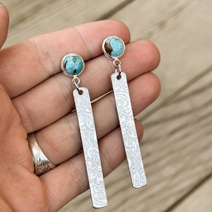 Turquoise Stud with Silver Dangle Earrings - Country & Western Style