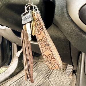 Tooled Leather Sunflower Key Fob Keychain - Country Western Style - Handmade Christmas Gift - Key Ring