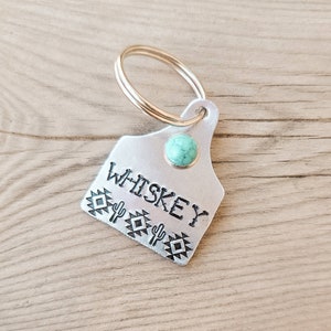 Custom Pet ID Tag with Turquoise - Southwestern Aztec Cactus Cattle Ear Tag - Cowdog Name Tag - Country Western Ranch Farm Dog