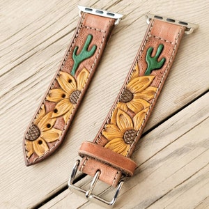 Sunflower & Cactus Tooled Leather Smart Watch Band Painted Customized Christmas Gift Country Western Style image 1