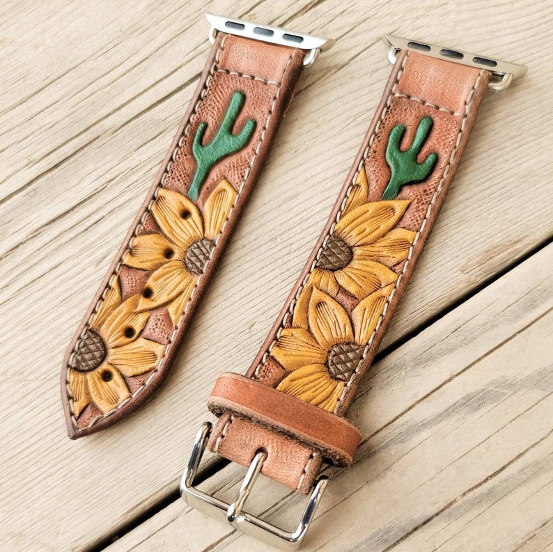 Sunflower & Cactus Tooled Leather Smart Watch Band Painted Customized Christmas Gift Country Western Style image 1