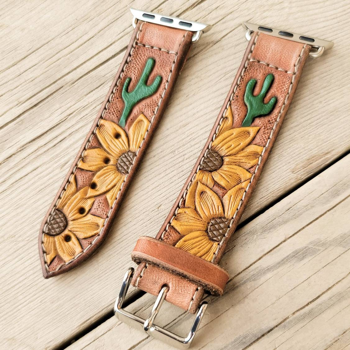 Sunflower & Cactus Tooled Leather Smart Watch Band Painted Customized  Christmas Gift Country Western Style - Etsy