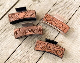 Tooled Leather Claw Clip for Hair - Country & Western Style