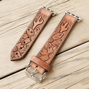 Tooled Leather Smart Watch Band - Customized Christmas Gift - Country Western Style - Sunflower & Cactus