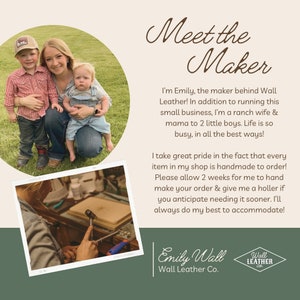 K&ouml;nnte beinhalten: Eine Meet the Maker-Grafik f&uuml;r Wall Leather Co. mit einem kreisf&ouml;rmigen Foto einer Frau mit zwei kleinen Jungen und einem quadratischen Foto von H&auml;nden, die einen Metallhammer auf einer Werkbank benutzen. Der Text stellt Emily vor.