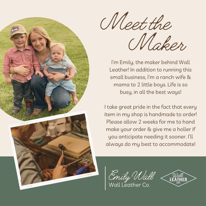 K&ouml;nnte beinhalten: Eine Meet the Maker-Grafik f&uuml;r Wall Leather Co. mit einem kreisf&ouml;rmigen Foto einer Frau mit zwei kleinen Jungen und einem quadratischen Foto von H&auml;nden, die einen Metallhammer auf einer Werkbank benutzen. Der Text stellt Emily vor.