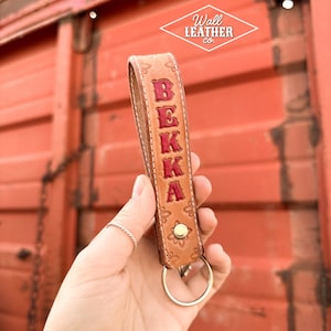 Customized Name Keychain Stitched - Leather Key Fob - Stamped Leather - Country Western Style