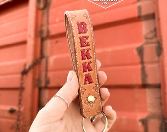 Customized Name Keychain Stitched - Leather Key Fob - Stamped Leather - Country Western Style