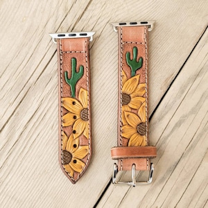Sunflower & Cactus Tooled Leather Smart Watch Band Painted Customized Christmas Gift Country Western Style image 3