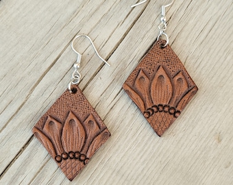 Small Diamond Sunflower - Tooled Leather Earrings