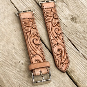 Tooled Leather Smart Watch Band - Customized Gift - Country Western Style - Sunflower & Scrollwork