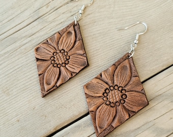 Diamond Sunflower - Tooled Leather Earrings