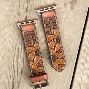 Sunflowers & Cross Tooled Leather Smart Watch Band Painted - Country Western Style - Apple Watch / Samsung Galaxy Watch / Fitbit