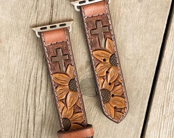 Hand Tooled Leather Smart Watch Band: Sunflower & Cross Design