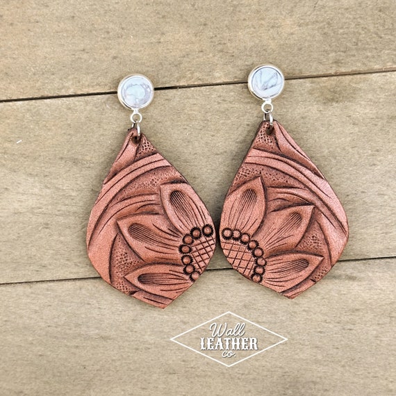 Teardrop Sunflower Tooled Leather Earrings With White Buffalo Stud