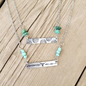 Western Bar Necklace with Turquoise - Barbed Wire, Longhorn, Sunflowers