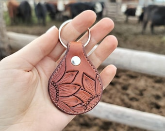 Handmade Tooled Leather Sunflower Keychain - Country Western Style