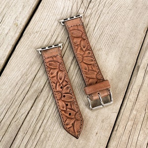 Sunflowers Tooled Leather Smart Watch Band - Apple Watch / Fitbit Versa / Samsung Watch - Country Western Style