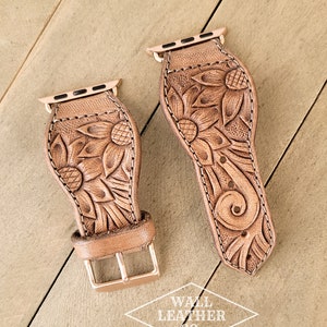 Western Tooled Leather Smart Watch Band - Sunflowers & Floral Scrollwork