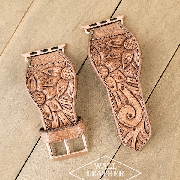 Western Tooled Leather Smart Watch Band - Sunflowers & Floral Scrollwork