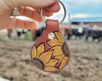 Handmade Tooled Leather Sunflower Keychain - Western Style
