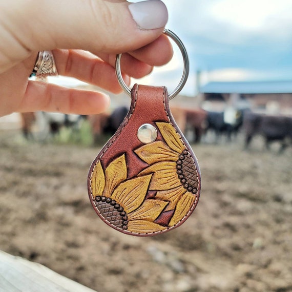 Punchy Cactus Tooled Leather Keychain