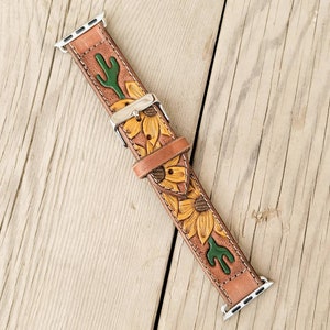 Sunflower & Cactus Tooled Leather Smart Watch Band Painted Customized Christmas Gift Country Western Style image 2