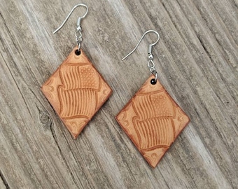 Stamped Leather Earrings - Small Diamond Patriotic - Wavy USA Flag - Independence Day & 4th of July