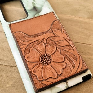 Tooled Leather Phone Wallet - Card & Money Holder - Country Western Style - Handmade Phone Accessory - Sunflower