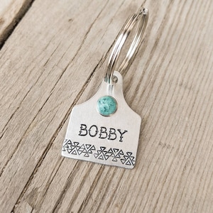 Custom Pet ID Tag with Turquoise - Aztec Cattle Ear Tag - Cowdog Name Tag - Country Western Ranch Farm Dog