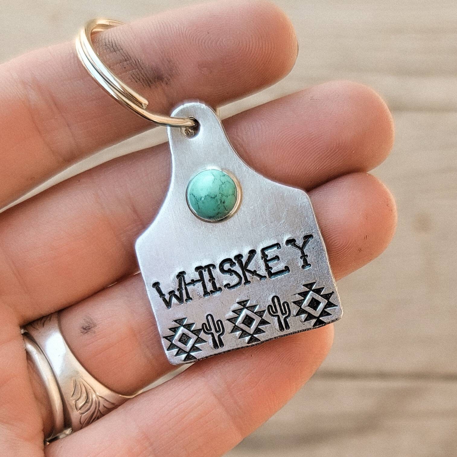 Custom Pet ID Tag with Turquoise, Southwestern Aztec Cactus Cattle Ear Tag, Country Western Farm Dog