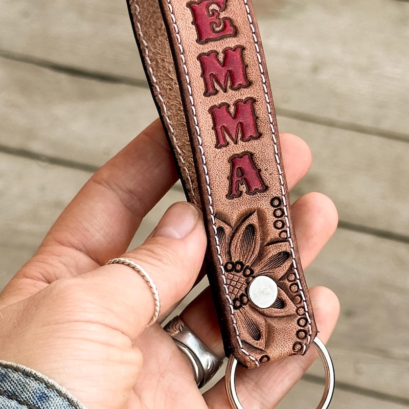 🌻Free Personalization🌻Personalized Sunflower & Dots Name Keychain Stitched - Leather Key Fob - Tooled Leather - Country Western Style
