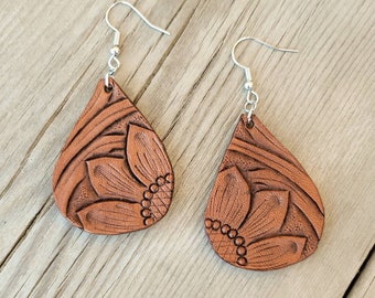 Teardrop Sunflower & Scrollwork - Tooled Leather Earrings