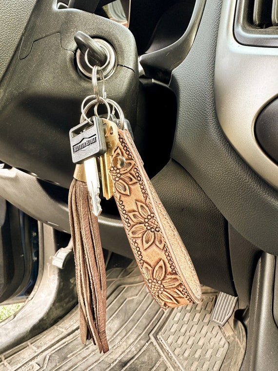 Tooled Leather Sunflower Key Fob Keychain Country Western Style Handmade  Christmas Gift Key Ring 