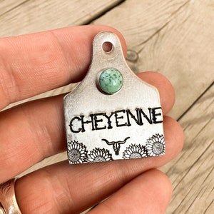 Custom Pet ID Tag with Turquoise - Southwestern Sunflower & Longhorn Cattle Ear Tag - Cowdog Name Tag - Country Western Ranch Farm Dog