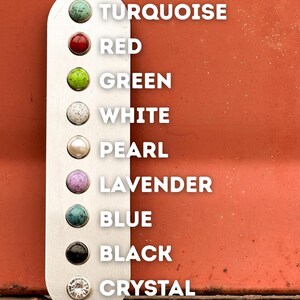 K&ouml;nnte beinhalten: Ein vertikaler, silberfarbener Metallstreifen mit neun kreisf&ouml;rmigen Einlagen, die mit wei&szlig;em Text beschriftet sind: Turquoise, Red, Green, White, Pearl, Lavender, Blue, Black und Crystal. Jede Einlage zeigt eine eigene Farbe oder Textur.