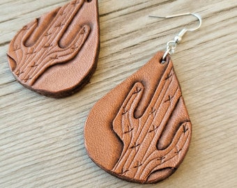 Teardrop Cactus - Tooled Leather Earrings