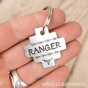 Custom Western Pet ID Tag - Barbed Wire & Longhorn Name Tag - Cowdog Name Tag - Country Western Ranch Farm Dog