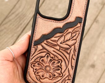 Floral Tooled Leather Western Phone Case with Border
