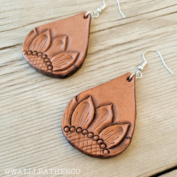 Tooled Leather Sunflower Teardrop Earrings Country Western